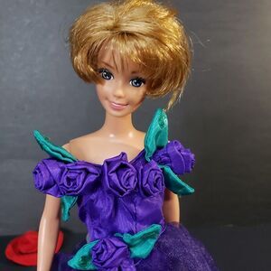 Vintage 90s Sound of Music Maria Barbie Doll in Purple Rose Evening Dress
